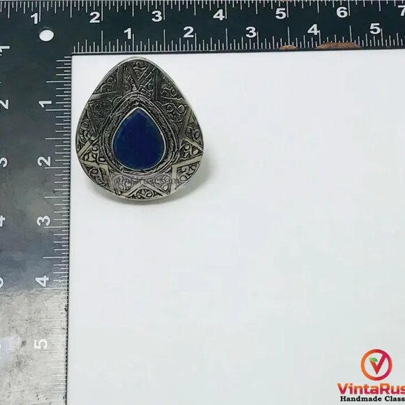 Silver Boho Adjustable Ring with Blue Gemstone, Handmade Silver Blue Stone Ring - Picture 8 of 9